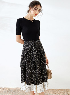 Knitted Patchwork Crew Neck Floral Layer Dress