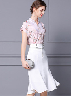 Mandarin Collar Print Blouse & High Waisted Peplum Skirt