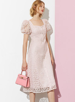 Sweet Pink Puff Sleeve Openwork Lace Midi Dress