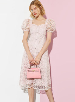Sweet Pink Puff Sleeve Openwork Lace Midi Dress