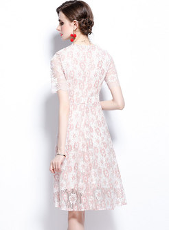 Sweet V-neck Print Openwork A Line Lace Dress