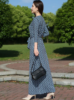 Retro V-neck 3/4 Sleeve Print Wrap Maxi Dress