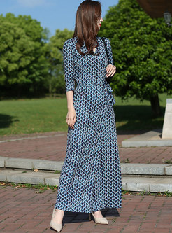 Retro V-neck 3/4 Sleeve Print Wrap Maxi Dress
