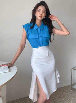 Solid Sleeveless Top Irregular Peplum Skirt Suits