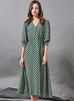 Green Floral 3/4 Sleeve Cinched Waist Maxi Dress