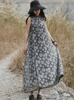 Sleeveless Transparent Print Embroidered Linen Dress