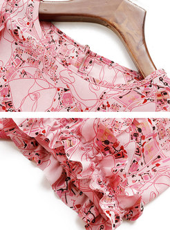 Pink Print Half Sleeve Ruffle Chiffon Blouse