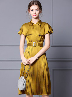 Glossy Yellow Cape Sleeve Pleated Dress