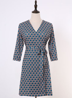 Blue Chain Print 3/4 Sleeve Wrap Mini Dress