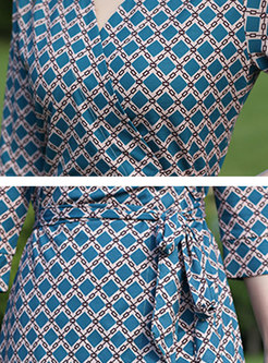 Blue Chain Print 3/4 Sleeve Wrap Mini Dress
