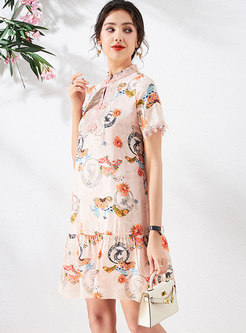 Mandarin Collar Lace Patchwork Print Cheongsam Dress