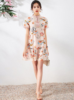 Mandarin Collar Lace Patchwork Print Cheongsam Dress