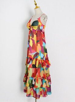 Boho V-neck Geometric Print Ruffle Beach Maxi Dress