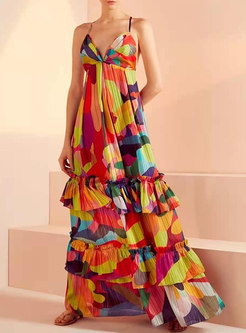 Boho V-neck Geometric Print Ruffle Beach Maxi Dress