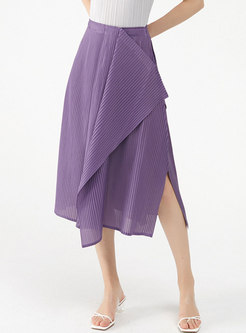 Solid High Waisted Asymmetric A Line Midi Skirt
