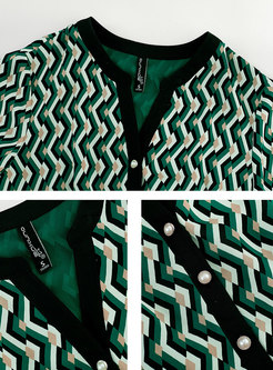 Green Short Sleeve Geometric Print A Line Dress
