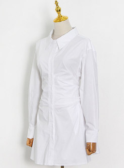 Solid Cinched Waist Long Sleeve Shirt Dress