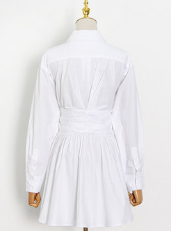 Solid Cinched Waist Long Sleeve Shirt Dress