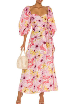 Pink Print Square Neck 3/4 Sleeve Maxi Dress