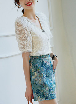 Elegant V-neck Lace Blouse & Print Mini Skirt
