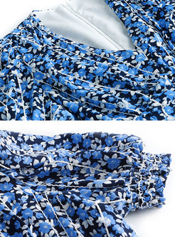 Blue Jacquard V-neck Puff Sleeve Skater Dress