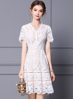 White V-neck Openwork A Line Lace Dress