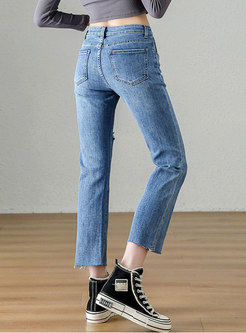 Casual High Waisted Straight Ripped Jeans