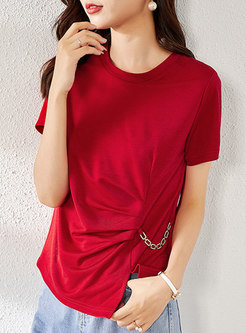 Red Crew Neck Metal Chain Embellished T-shirt