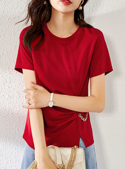 Red Crew Neck Metal Chain Embellished T-shirt
