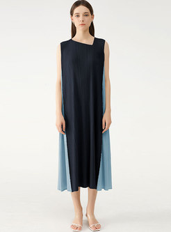 Color-blocked Asymmetric V-neck Shift Pleated Dress