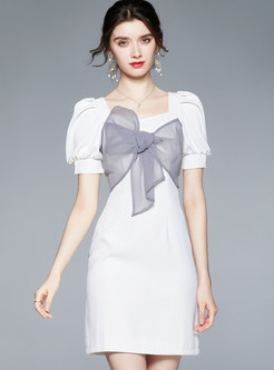 White Square Neck Bowknot Cute Sheath Dress
