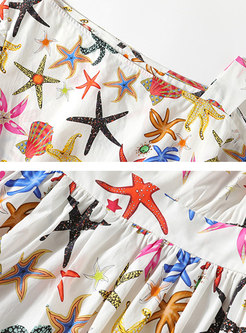 Starfish Print Asymmetrical Neck Skater Dress