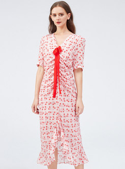 Pink Print V-neck Ruched Irregular Slim Dress