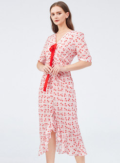 Pink Print V-neck Ruched Irregular Slim Dress