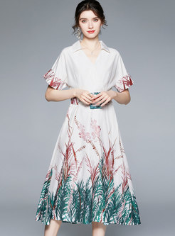 Casual Print Half Sleeve Belted Maxi Dress
