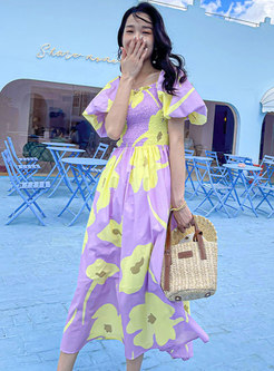 Bicolor Print Square Neck Smocked Maxi Dress