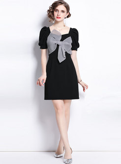 Square Neck Puff Sleeve Bowknot Patchwork Mini Dress