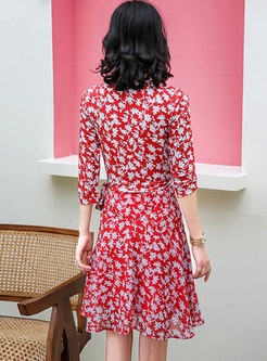 Red V-neck Print A Line Wrap Dress
