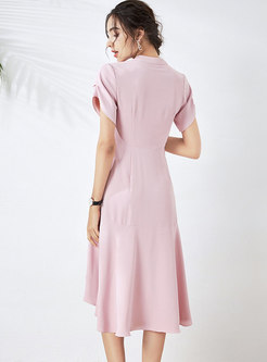 Solid V-neck High Waisted Peplum Midi Dress