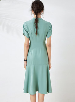 Solid V-neck High Waisted Peplum Midi Dress