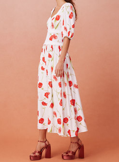 Square Neck Pastoral Puff Sleeve A Line Dress