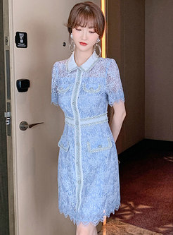 Vintagem Blue Lace Single-breasted Bodycon Dress