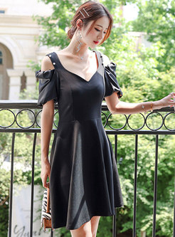 Black Beaded Cold Shoulder Cocktail Dress