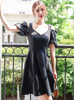 Black Beaded Cold Shoulder Cocktail Dress