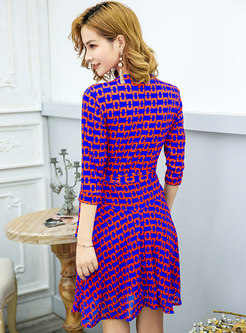 V-neck 3/4 Sleeve Chain Print Purple Dress