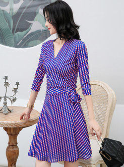 Purple V-neck A Line Plaid Wrap Dress