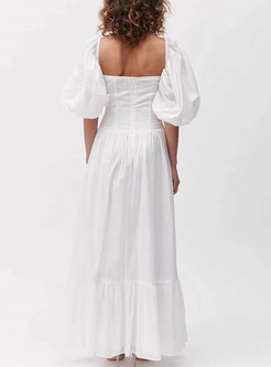 White Puff Sleeve Single-breasted A Line Maxi Dress