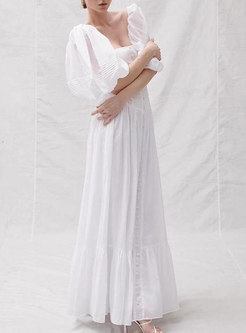 White Puff Sleeve Single-breasted A Line Maxi Dress