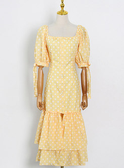 Yellow Slash Neck Dot Single-breasted Maxi Dress