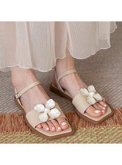 Open Toe Beaded Pin-buckle Fastening Flat Sandals